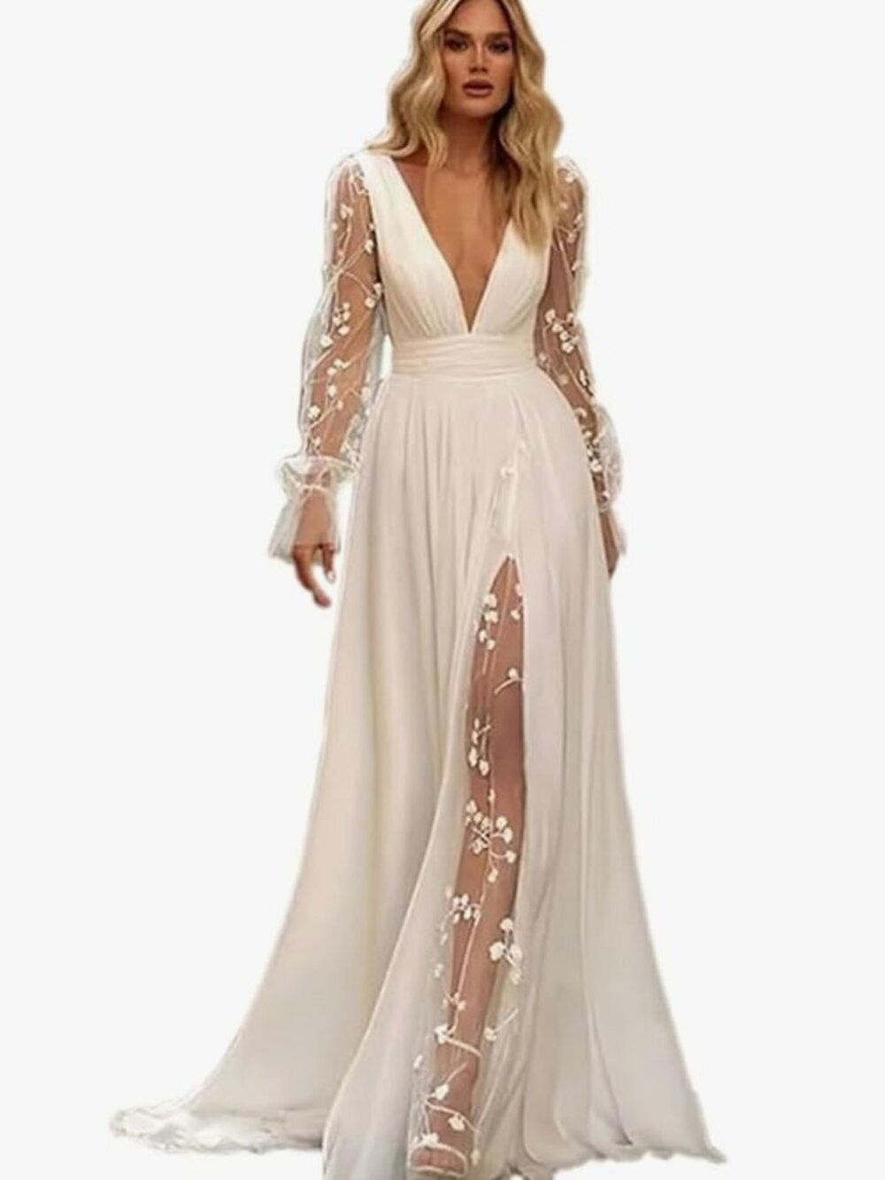 Ivory Long sleeve Boho Bridal Wedding Gown Dress Lace Applique Sz 12 NWT